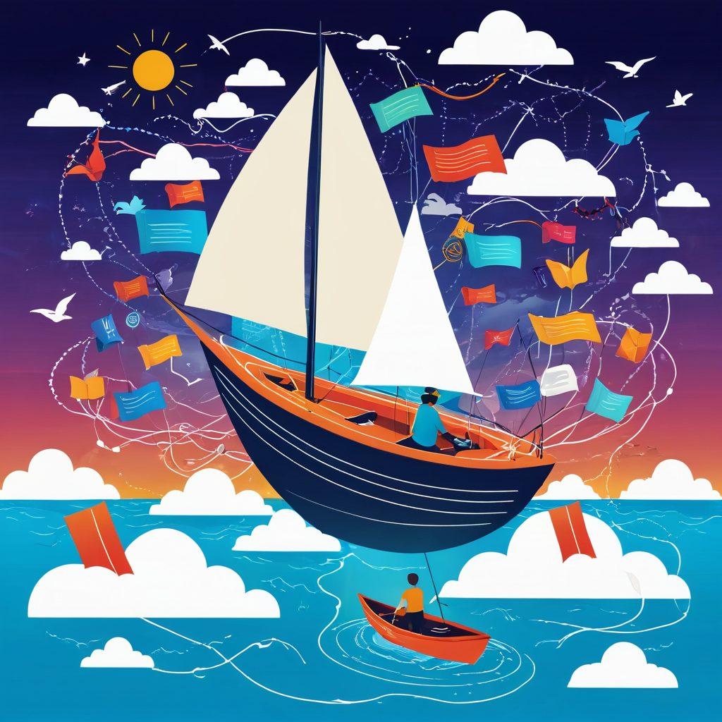 A whimsical illustration of a person confidently sailing on a sea of digital bookmarks, each representing a different website. Brightly colored hyperlinks form a network of paths leading to various destinations, with playful icons symbolizing knowledge and exploration. The sky is filled with vibrant clouds shaped like books and devices, conveying a sense of discovery in the vast online world. The overall ambiance is energetic and inviting, perfect for a blog about navigating the internet. vector art. vibrant colors. white background.