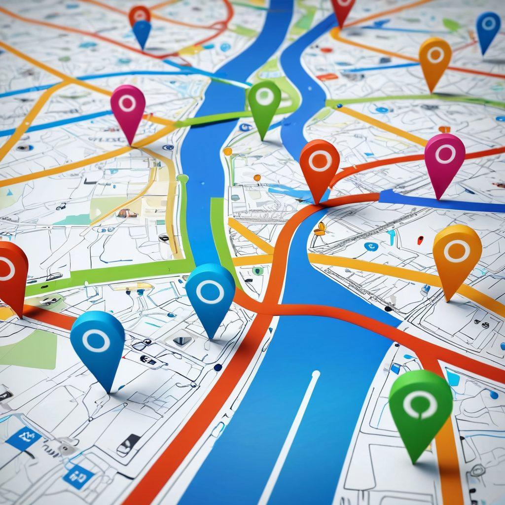 A visually engaging digital map featuring vibrant navigation markers and interconnected links, showcasing various pathways to represent effective web navigation. Include arrows and digital textures to symbolize movement and exploration. The background should be a sleek, tech-inspired interface with abstract designs. super-realistic. vibrant colors. 3D.